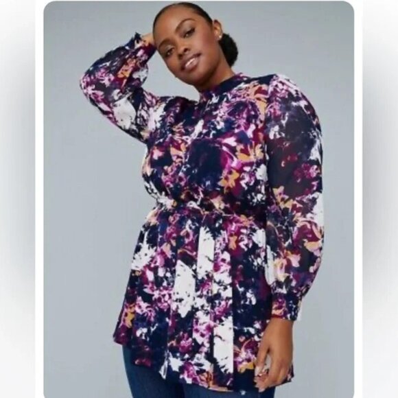 Lane Bryant X Girl With Curves Size 26 Blue Abstract Floral Print Tunic Top Plus - Picture 1 of 4